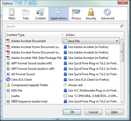 Firefox Applications options tab. Vista I know!