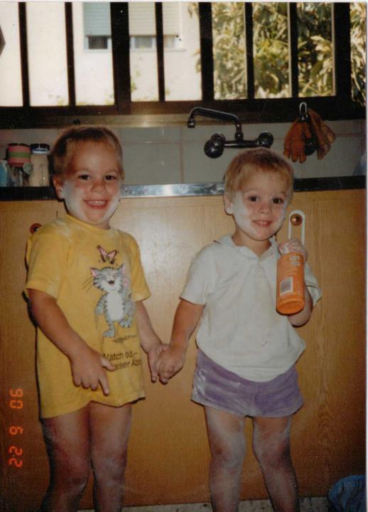 Myself and my brother in cyprus, covered in washing up foam